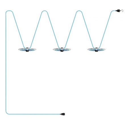  Maioliche String Light Lumet rendszer 10 m-ről szövetkábellel, 3 lámpatartóval és lámpaernyővel, kampóval és fekete csatlakozóval